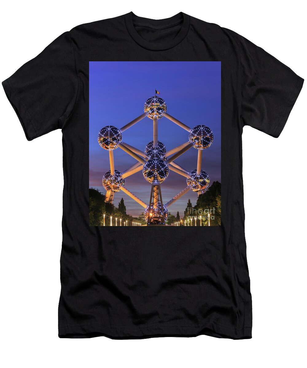Belgium T-Shirt featuring the photograph The Atomium in Brussels during blue hour #1 by Henk Meijer Photography