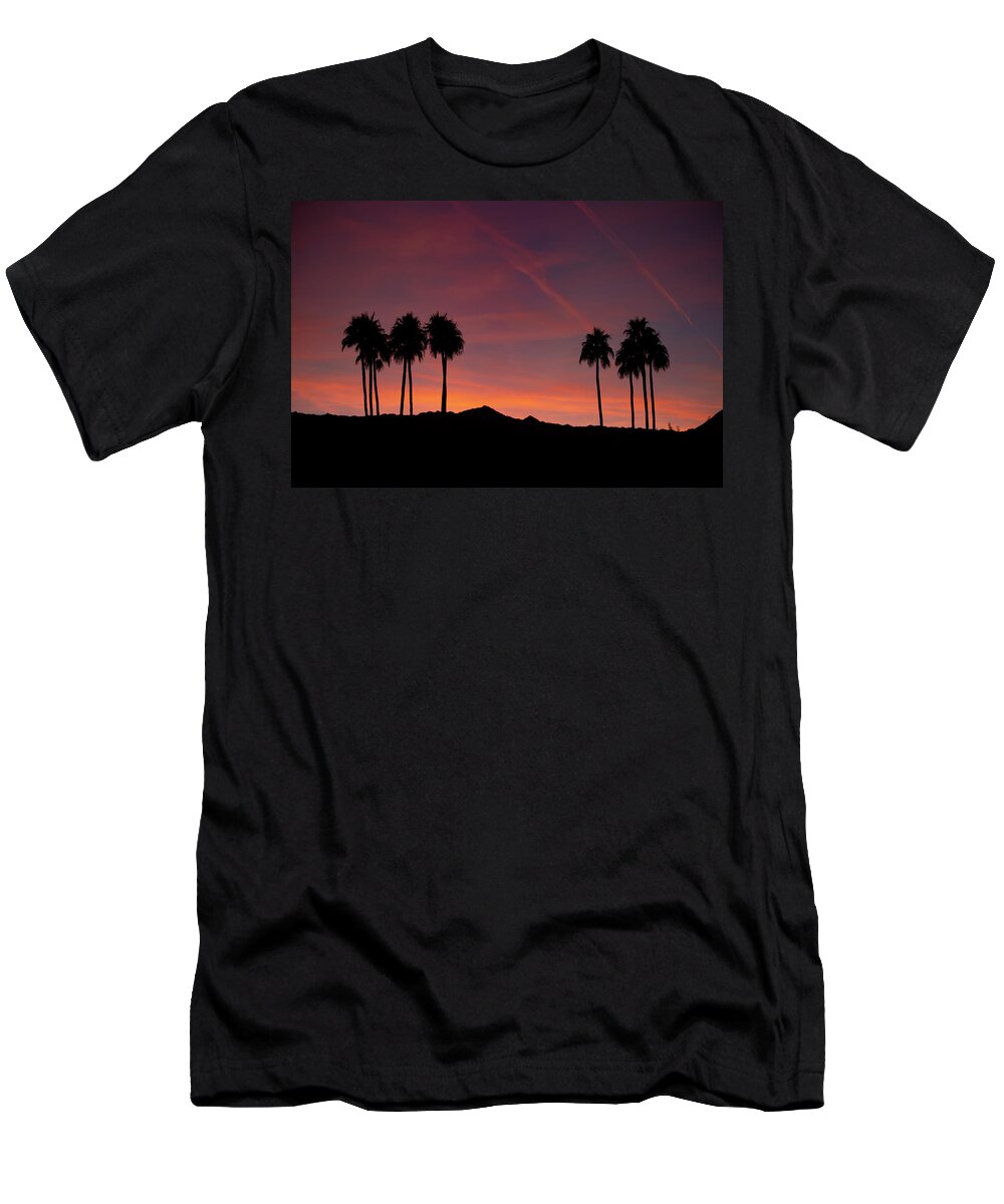Afterglow T-Shirt featuring the photograph 10 Palm Silhouettes at Sunset Palm Desert California by Bonnie Colgan