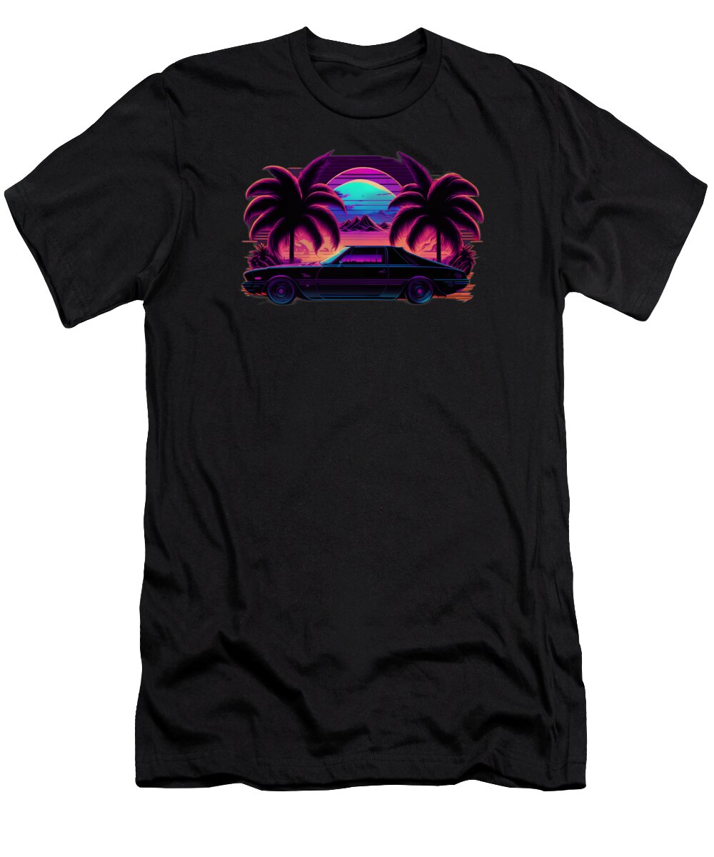 Synthwave T-Shirt featuring the digital art Sunset and Car #10 by Quik Digicon Art Club