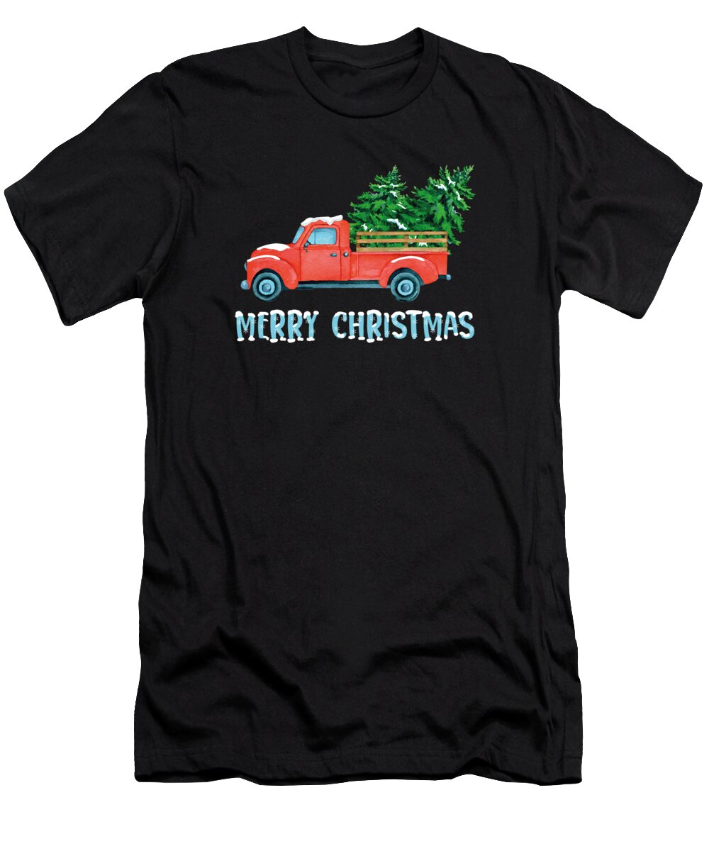Red Christmas Wagon T-Shirt featuring the digital art Vintage Wagon Christmas Pickup Truck Retro #10 by Toms Tee Store