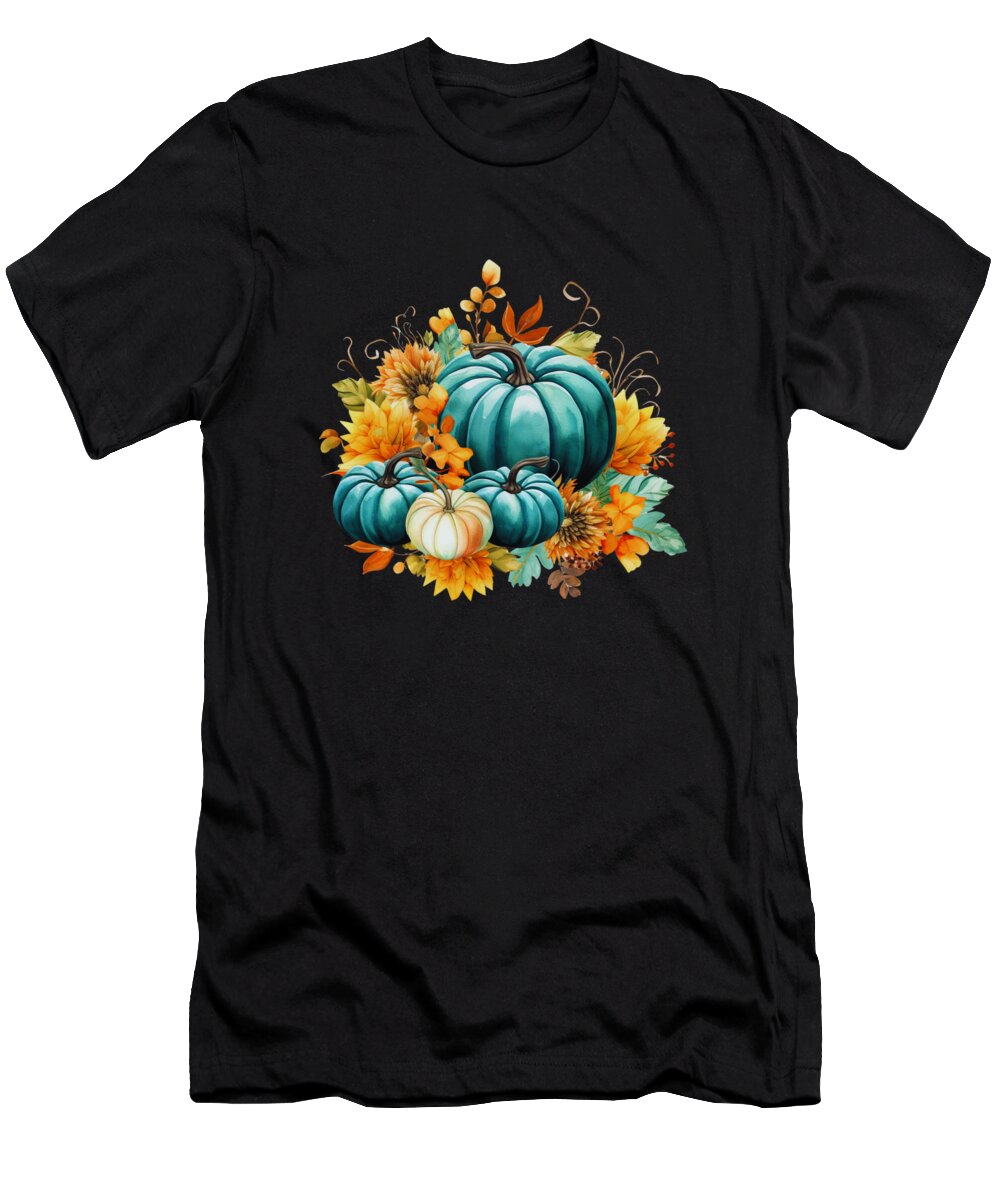 Autumn T-Shirt featuring the digital art Teal Autumn Pumpkin Floral Fall Harvest Foliage #13 by Heidi Joyce