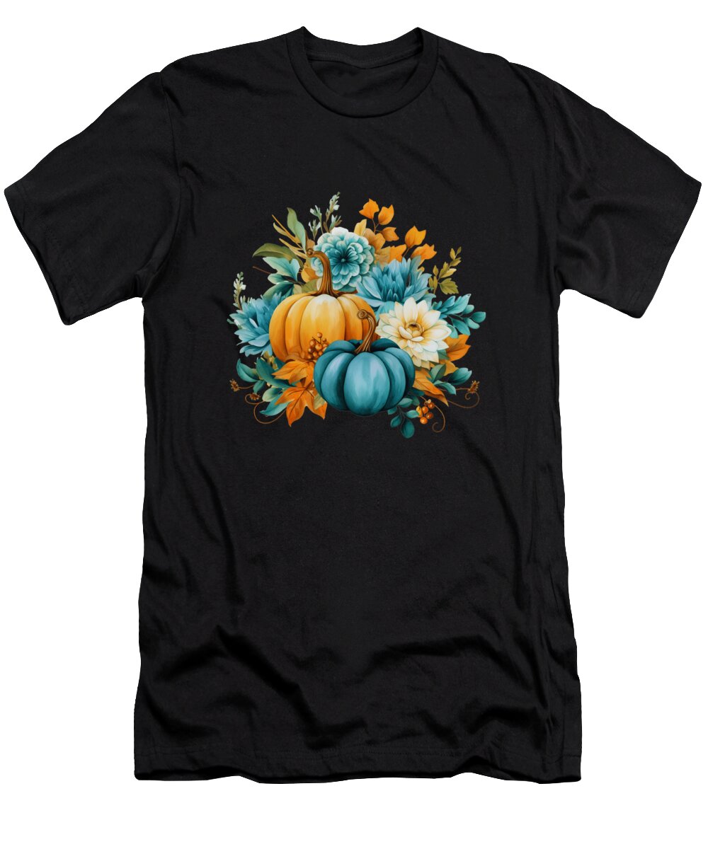 Autumn T-Shirt featuring the digital art Teal Autumn Pumpkin Floral Fall Harvest Foliage #15 by Heidi Joyce