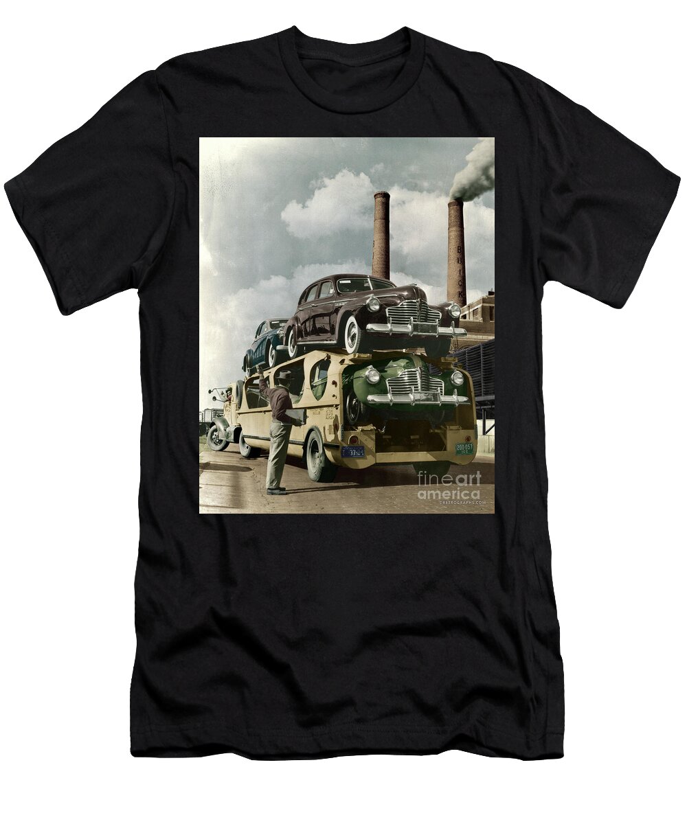 1940s T-Shirt featuring the photograph 1940s Buicks on Transporter Colorized Photo by West Peterson