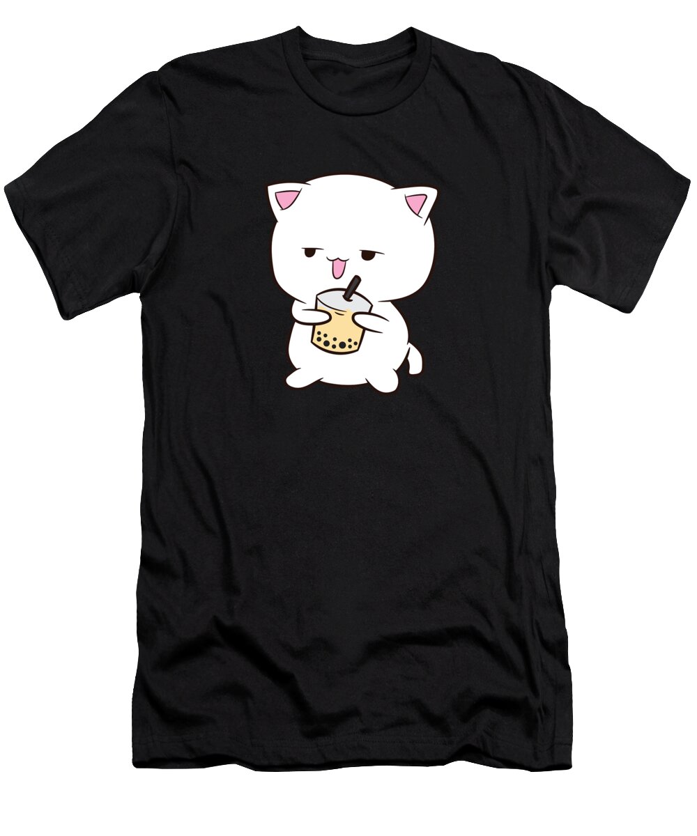 Boba T-Shirt featuring the digital art Boba Cat With Boba Tea Cat Drinking Bubble Tea Japanese Cat #2 by EQ Designs
