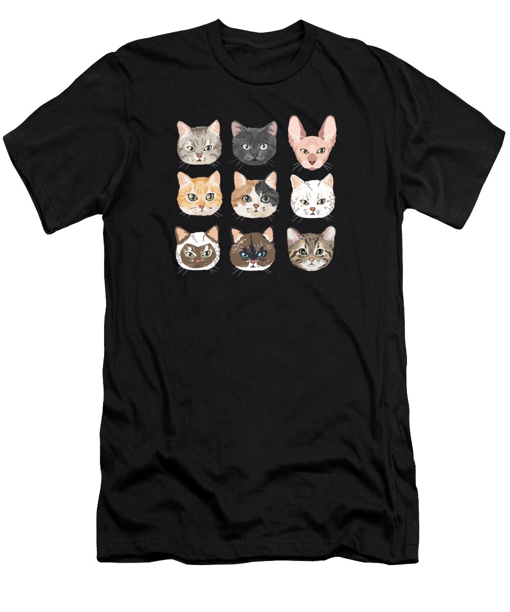 Cats T-Shirt featuring the digital art Colorful Cats Faces Breed Art Unique #2 by Toms Tee Store
