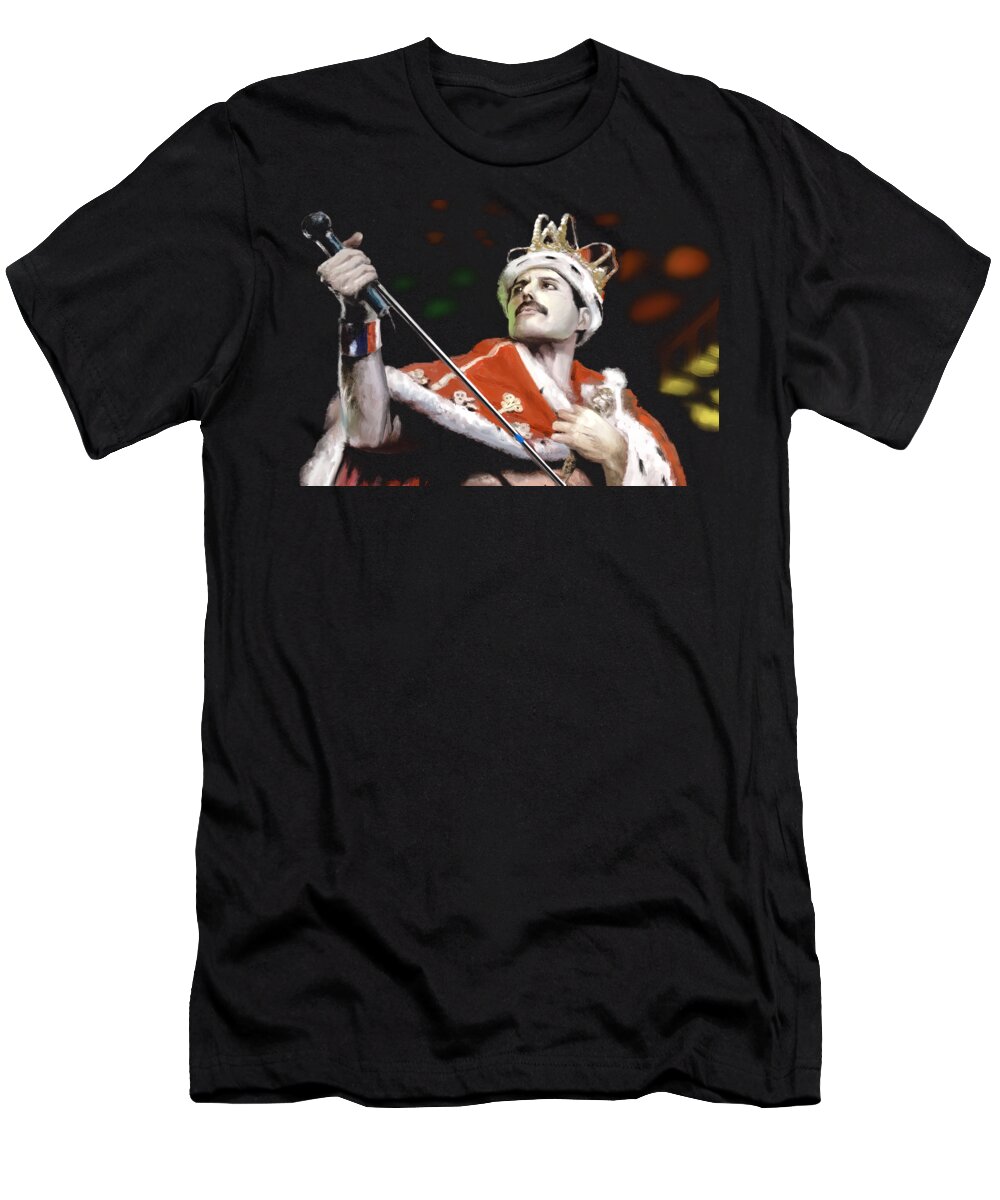 Freedie Mercury T-Shirt featuring the digital art Freedy Mercury Queen #2 by Cassie Cameron