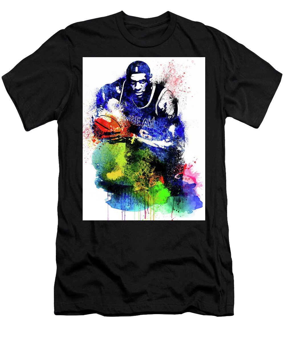 Lebron James T-Shirt featuring the mixed media Lebron James Watercolor #2 by Naxart Studio