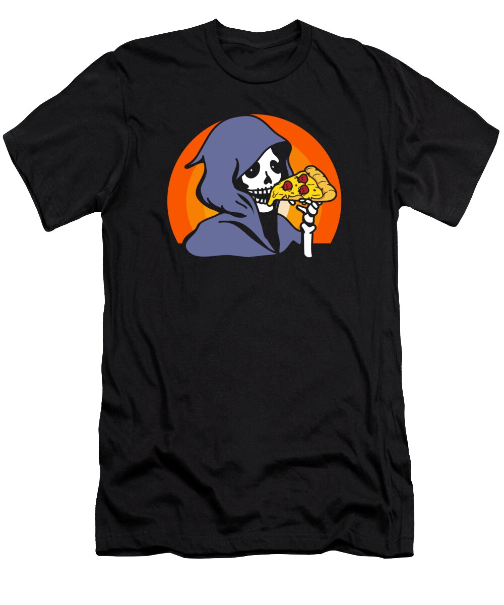 Retro T-Shirt featuring the digital art Retro Halloween Pizza Lover Ghost Grim Reaper #2 by Toms Tee Store
