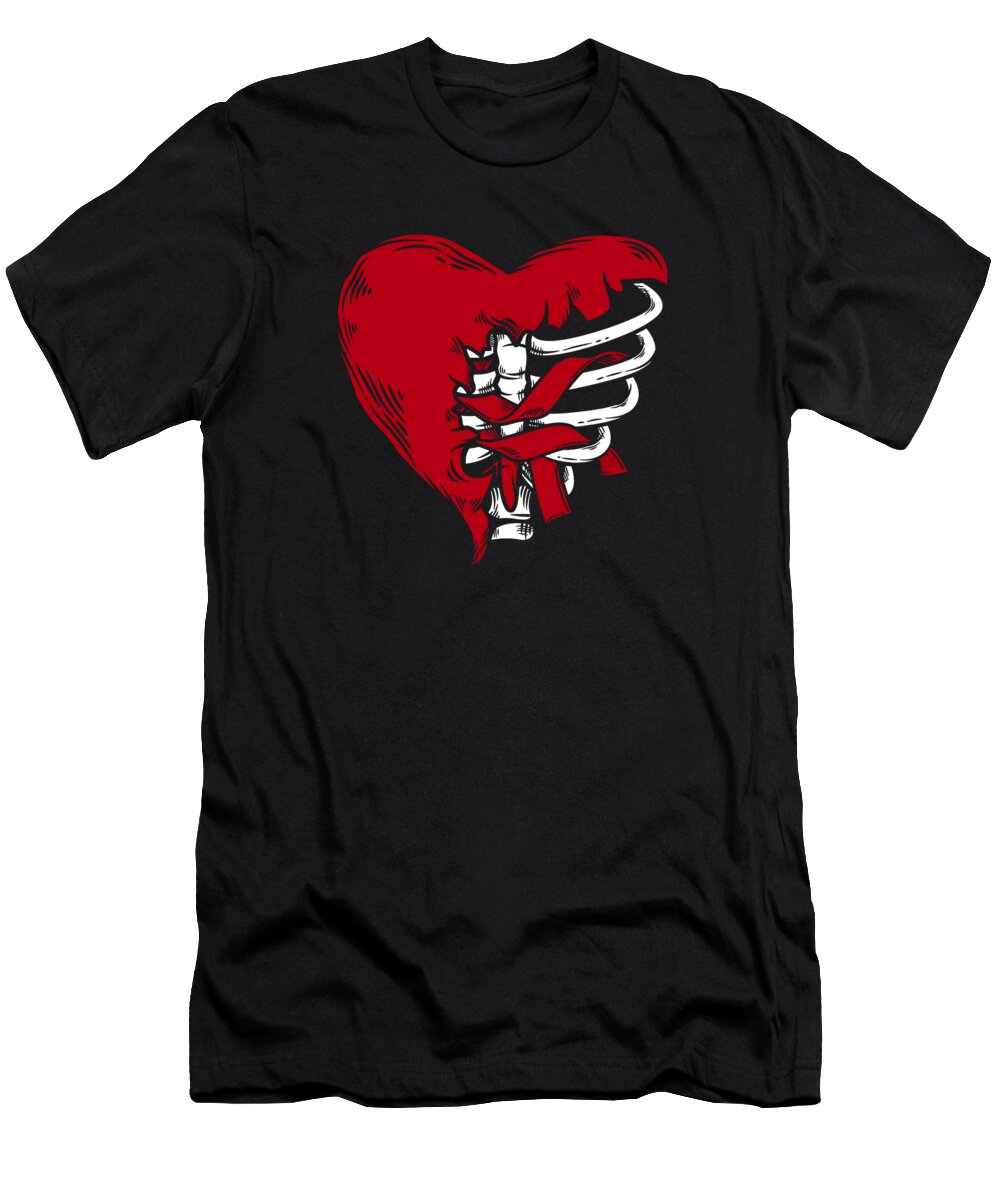 Ribcage T-Shirt featuring the digital art Ribcage Heart Ribbon Gothic Bones Skeleton Death Grave Aesthetic Dark #2 by Toms Tee Store