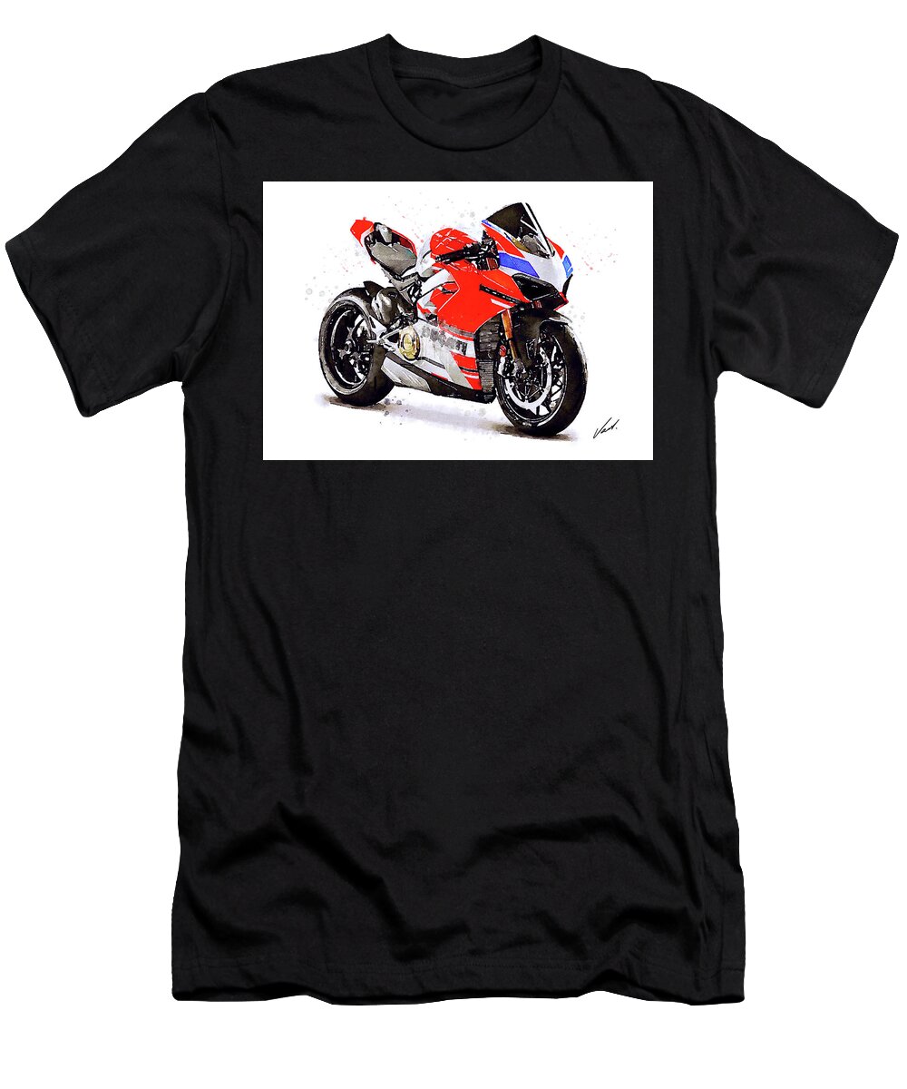 Sport T-Shirt featuring the painting Watercolor Ducati Panigale V4S motorcycle, oryginal artwork by Vart by Vart Studio