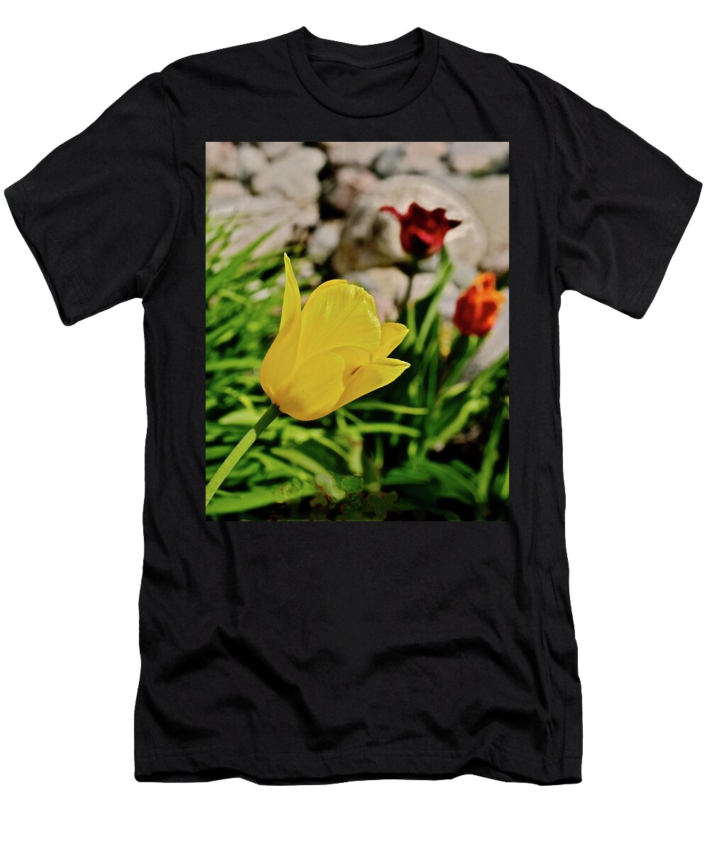 Tulips T-Shirt featuring the photograph 2020 Acewood Tulips By the Water 1 by Janis Senungetuk
