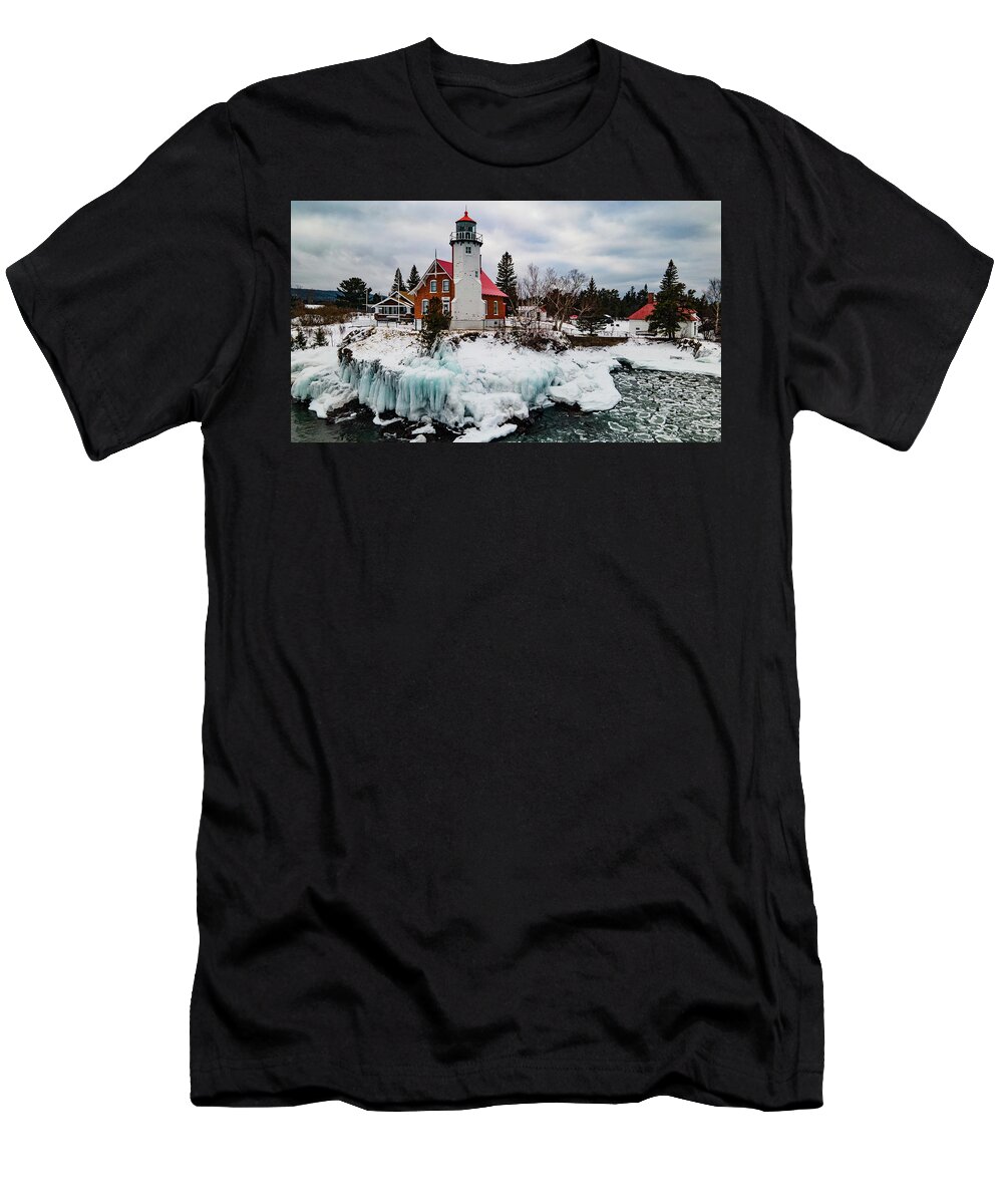 Eagle Harbor Mi T-Shirt featuring the photograph Winter view of Eagle Harbor Lighthouse in Eagle Harbor Michigan #21 by Eldon McGraw
