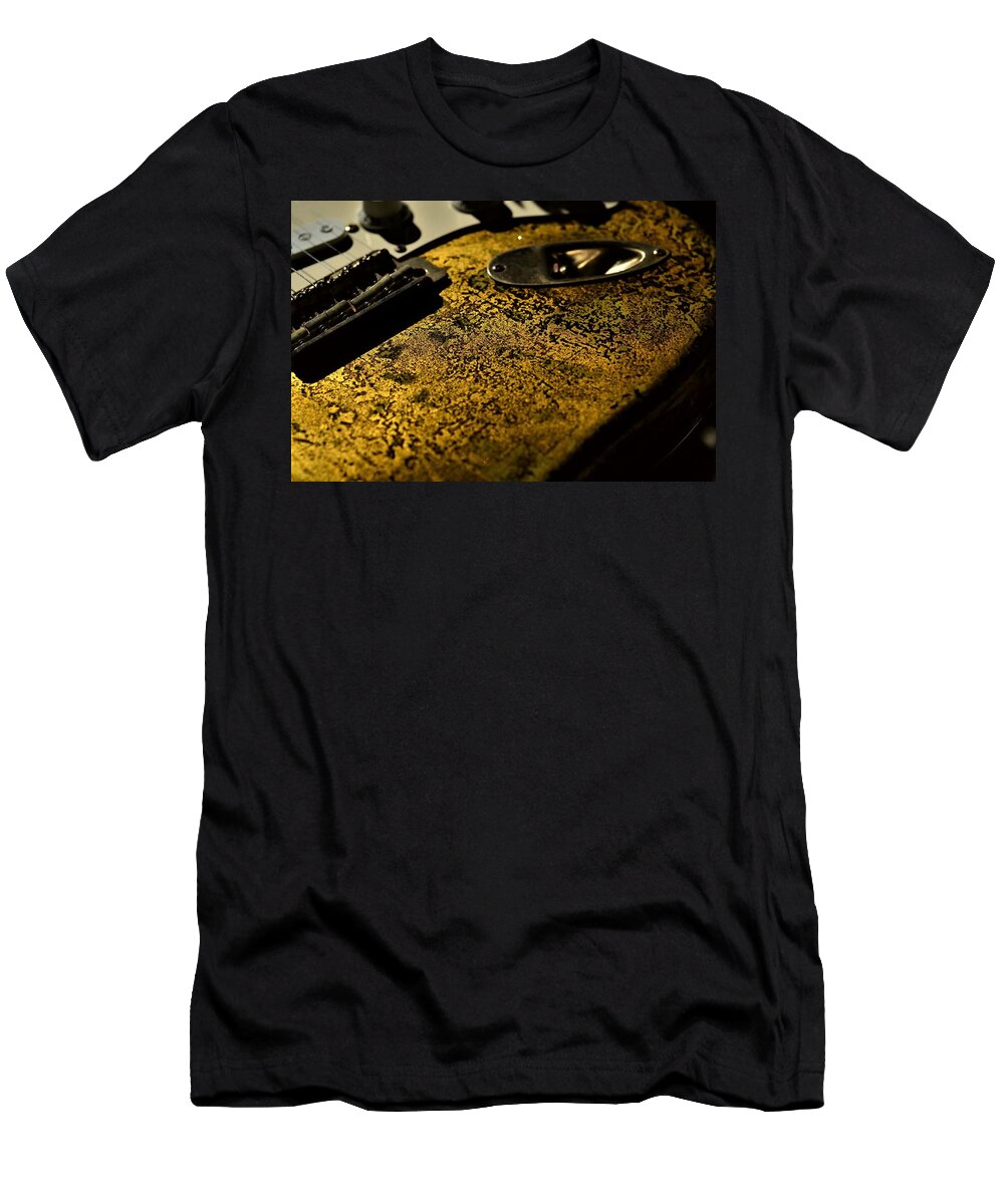 Fender T-Shirt featuring the photograph Fender Stratocaster Relic 24k Gold Leaf Relic Guitar Music by Guitarwacky Fine Art
