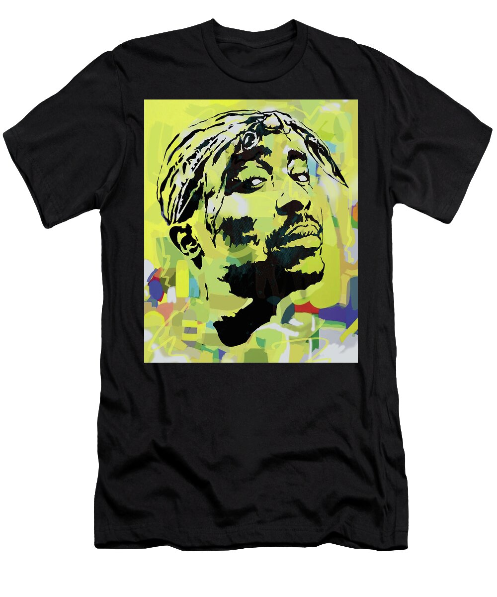 2 Pac Shakur Long Stylised Drawing Art Poster - Tupac Amaru Shakur (june 16 T-Shirt featuring the mixed media 2pac Tupac Shakur pop art poster 1 by Kim Wang