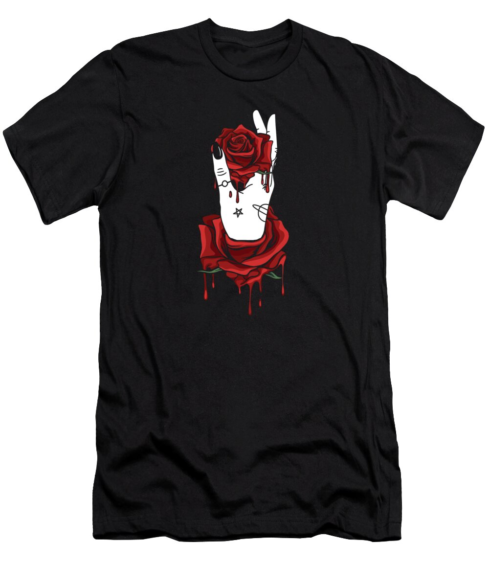 Bleed T-Shirt featuring the digital art Aesthetic Dark Pattern Hand Bleeding Holding Rose #3 by Toms Tee Store