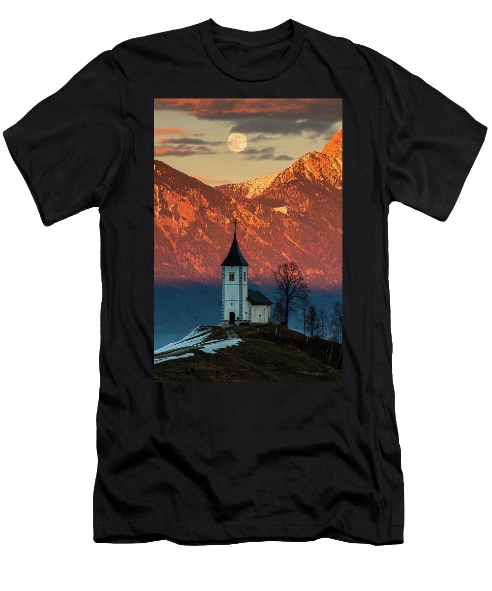 Jamnik T-Shirt featuring the photograph Full moon rising over Jamnik church and Storzic at sunset #3 by Ian Middleton