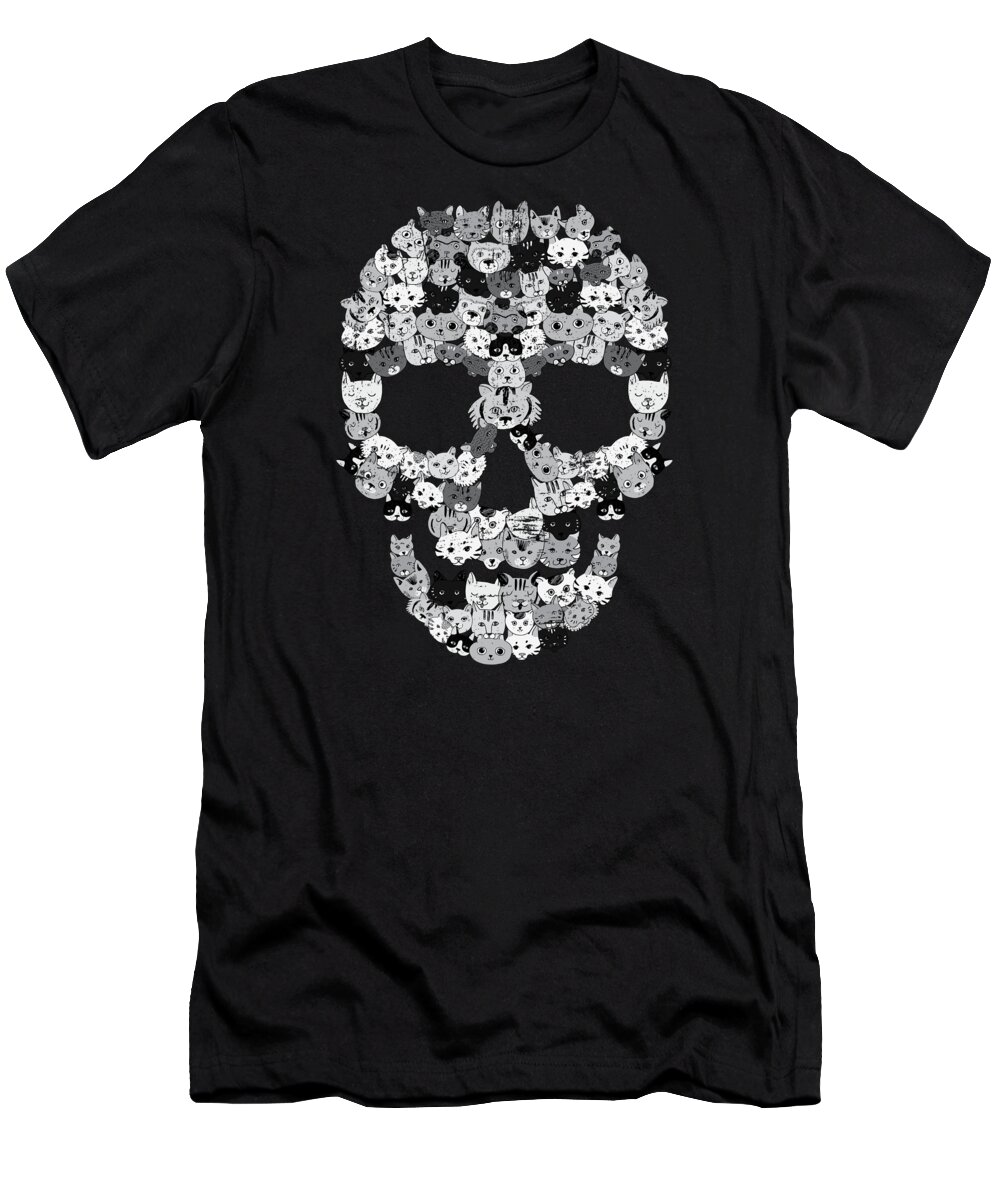 Skull T-Shirt featuring the digital art Skull Cats Creepy Feline #3 by Mister Tee