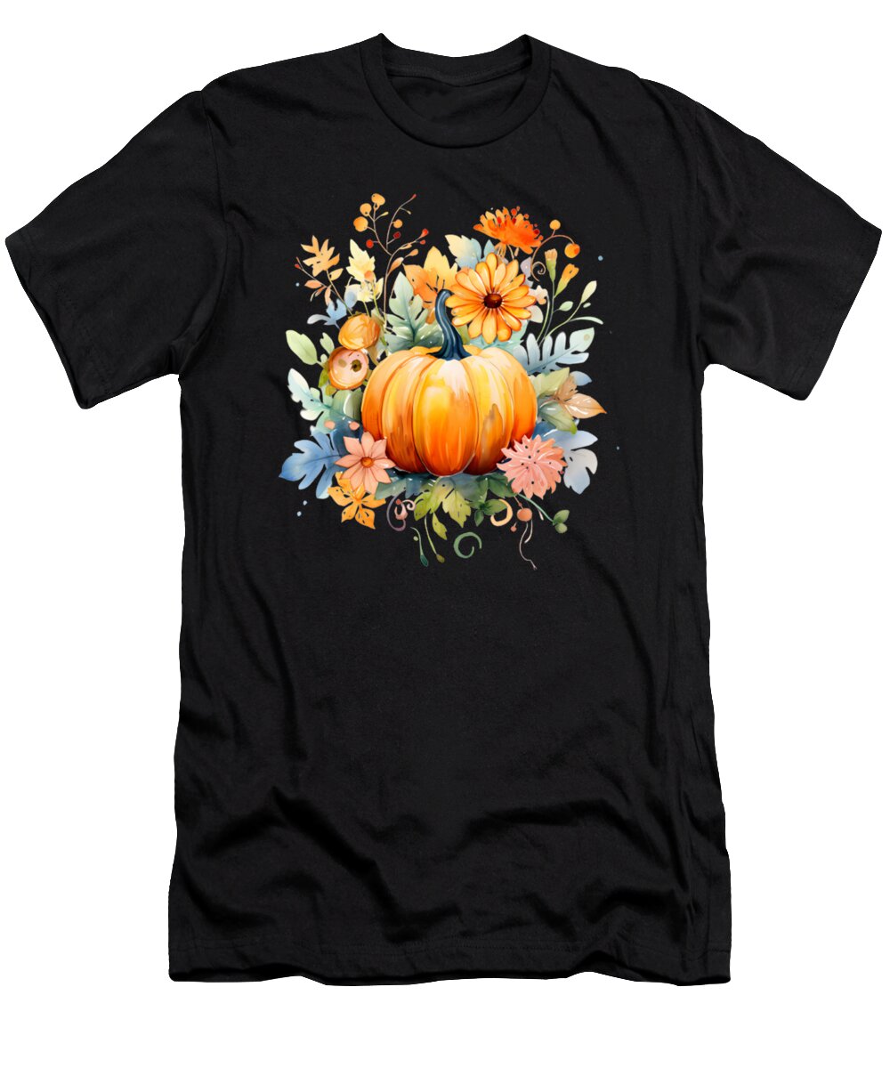 Autumn T-Shirt featuring the digital art Autumn Pumpkin Floral Fall Harvest Foliage Thanksgiving #4 by Heidi Joyce