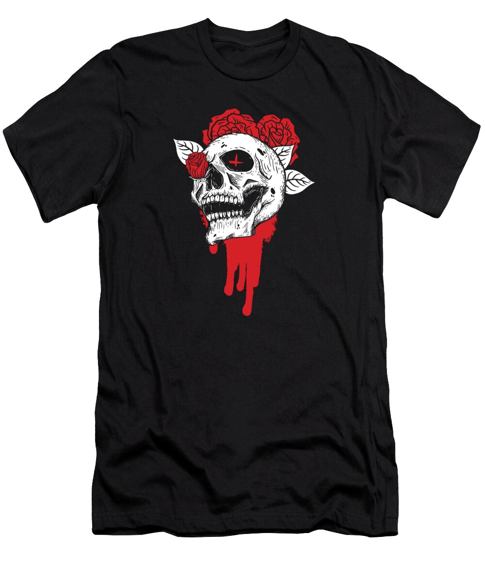 Skull T-Shirt featuring the digital art Skulls and Roses Gothic Bones Skeleton Death Grave Aesthetic Dark #4 by Toms Tee Store
