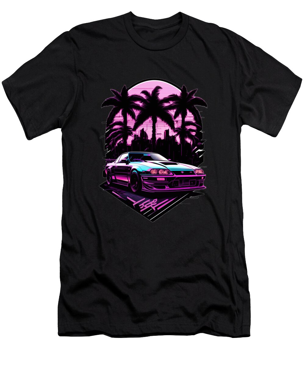Synthwave T-Shirt featuring the digital art Sunset and car #4 by Quik Digicon Art Club