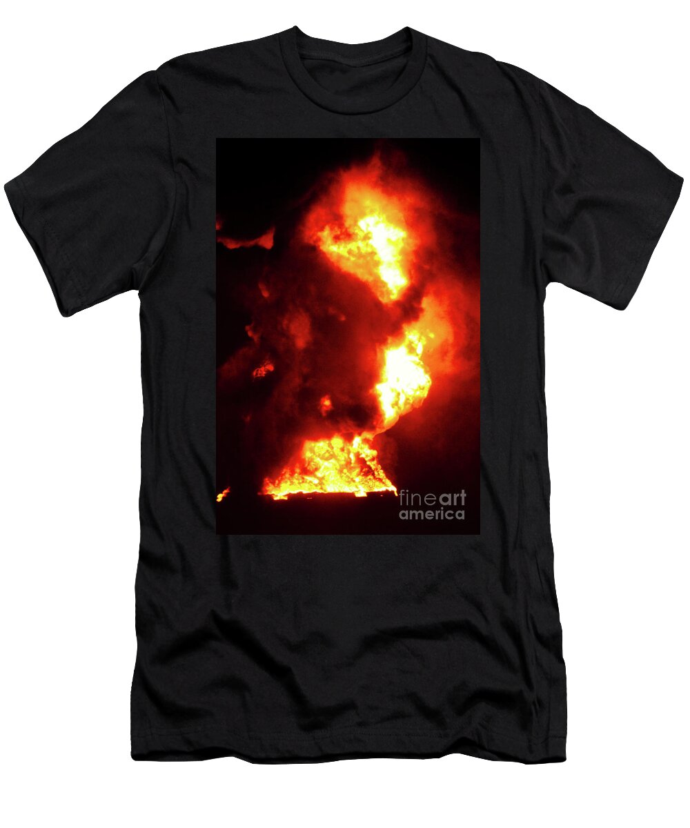 Explosion T-Shirt featuring the photograph 1-07-83-Texaco Gasoline Tank Farm Storage Explosion-Newark NJ #5 by Steven Spak