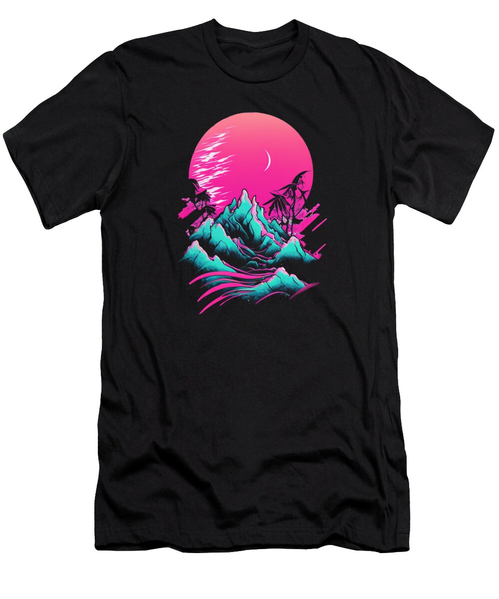 Vaporwave T-Shirt featuring the digital art Vaporwave Abstract Landscape Moon Tree Waterfall Blue Purple #5 by Toms Tee Store