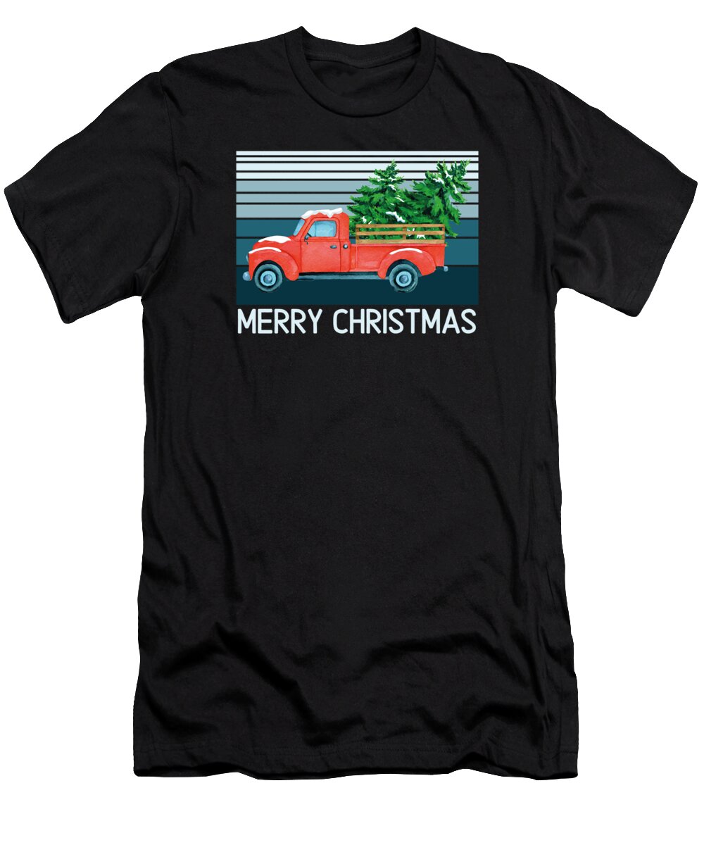 Red Christmas Wagon T-Shirt featuring the digital art Vintage Wagon Christmas Pickup Truck Retro #6 by Toms Tee Store