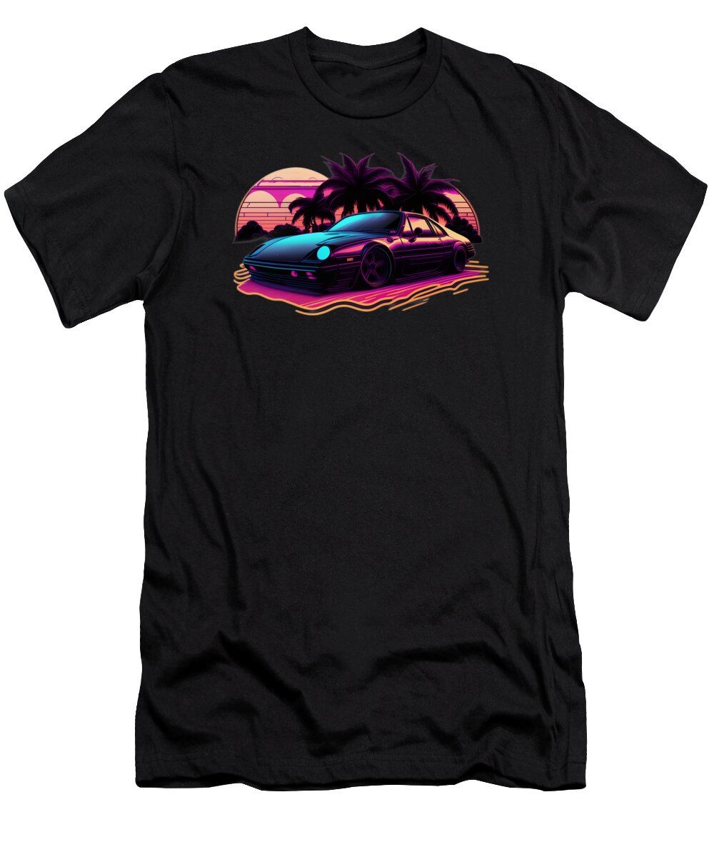 Synthwave T-Shirt featuring the digital art Sunset and Car #8 by Quik Digicon Art Club