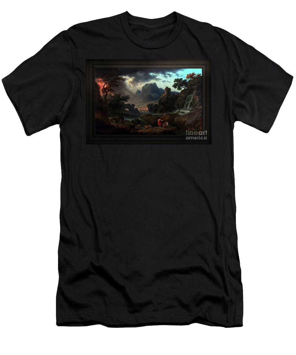 A Mountain Landscape With An Approaching Storm T-Shirt featuring the painting A Mountain Landscape with an Approaching Storm by Claude Joseph Vernet Classical Fine Art Old Master by Rolando Burbon