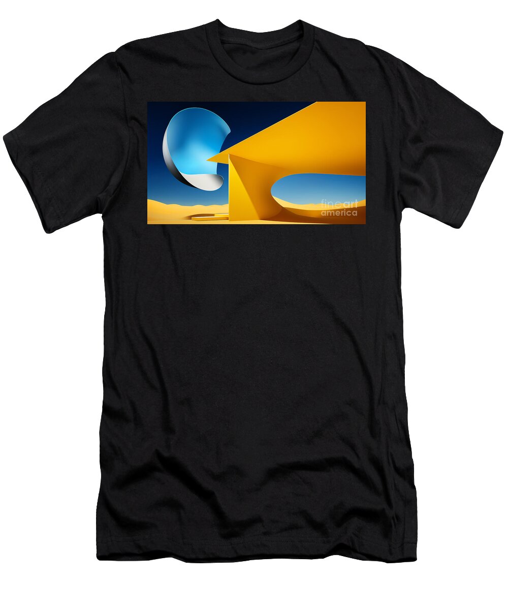 Surreal T-Shirt featuring the digital art A surreal landscape is presented with bold geometric shapes and a striking contrast of colors. by Odon Czintos