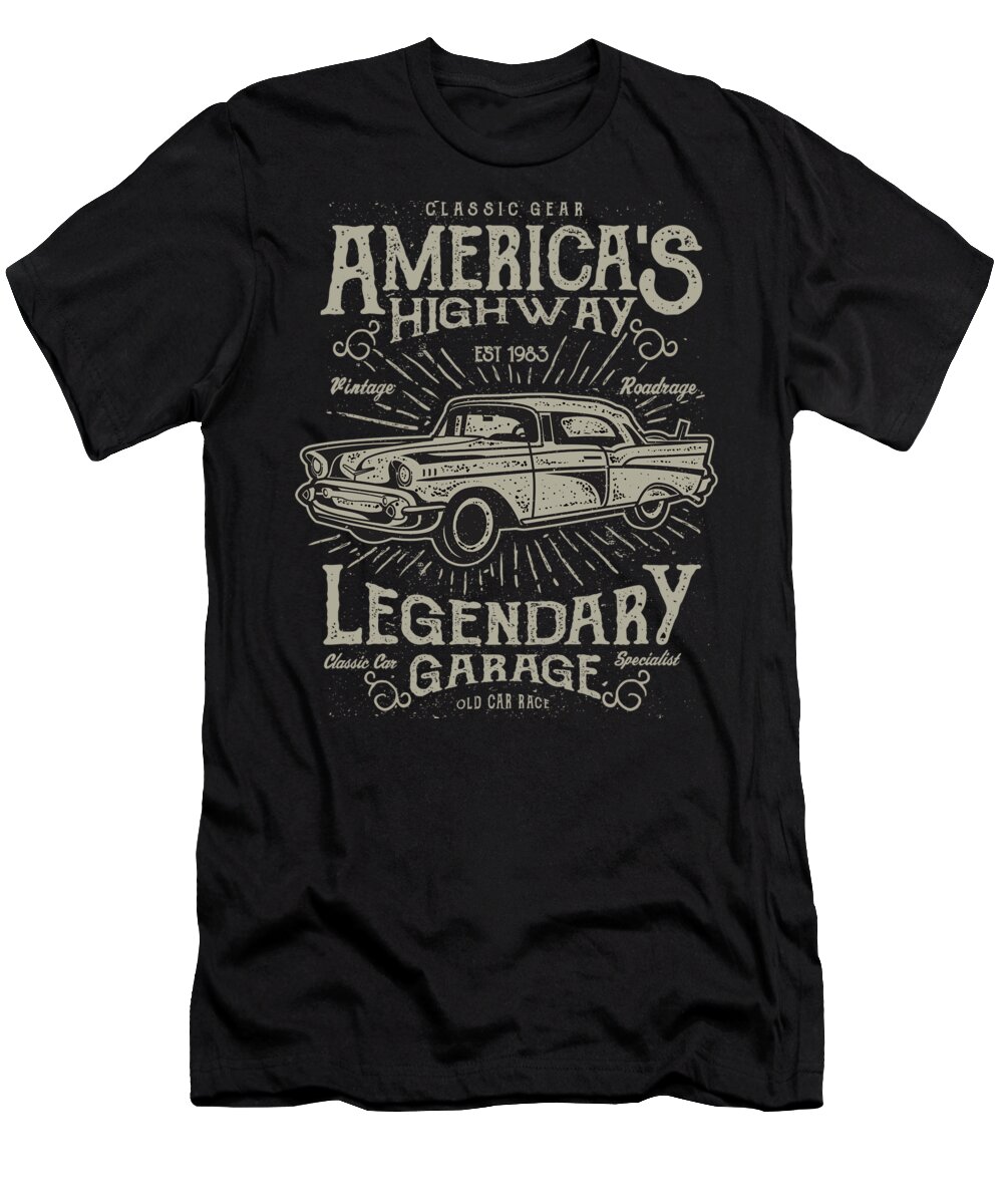 Race T-Shirt featuring the digital art Americas Highway Legendary Garage by Jacob Zelazny