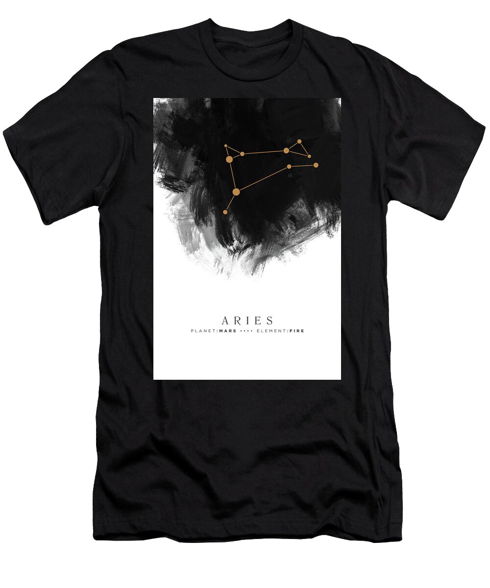 Aries T-Shirt featuring the mixed media Aries Zodiac Sign - Minimal Print - Zodiac, Constellation, Astrology, Good Luck, Night Sky - Black by Studio Grafiikka
