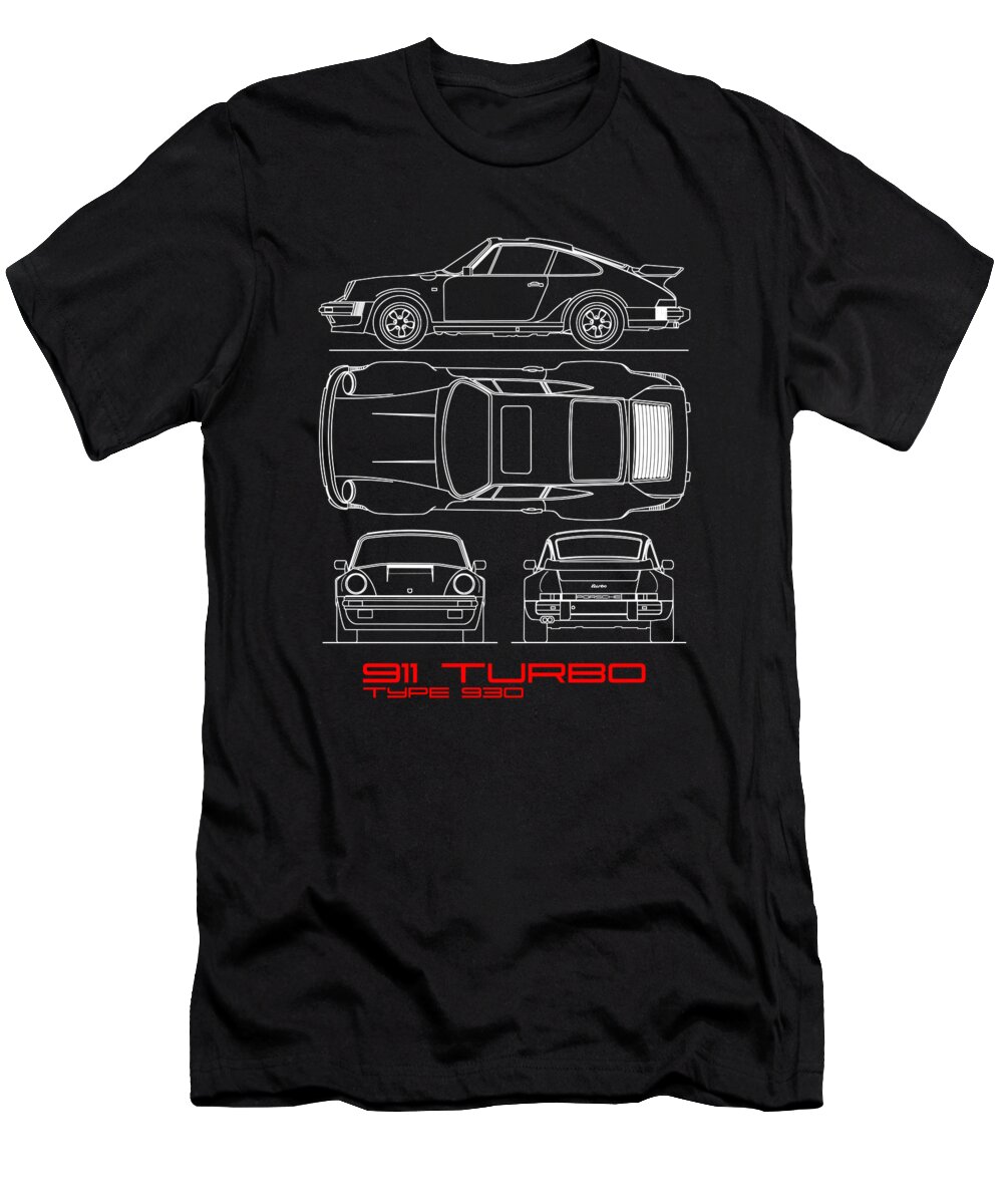 Porsche T-Shirt featuring the photograph 911 Turbo Blueprint - Black by Mark Rogan