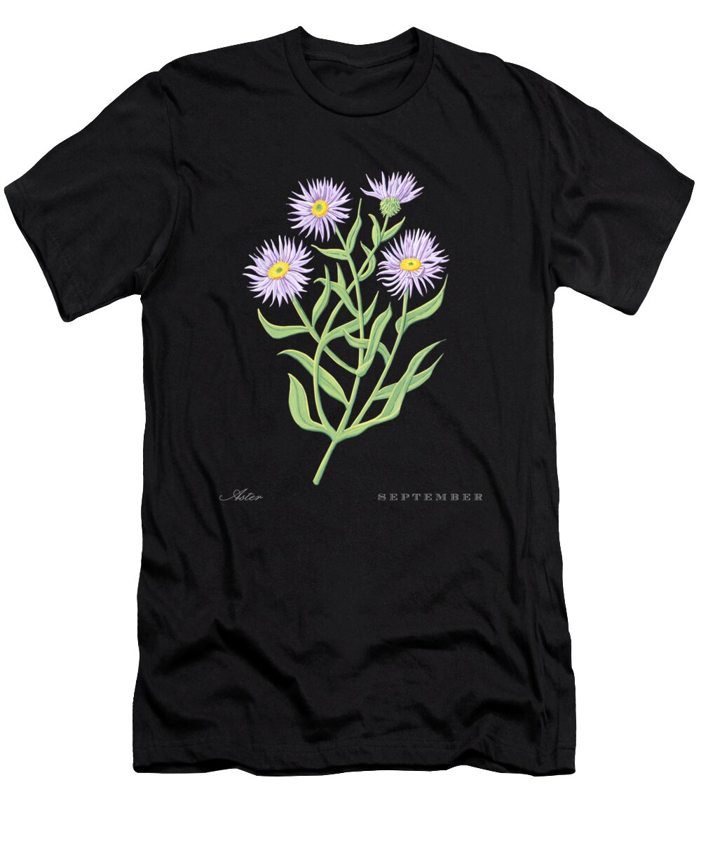 Aster T-Shirt featuring the painting Aster September Birth Month Flower Botanical Print on Black - Art by Jen Montgomery by Jen Montgomery