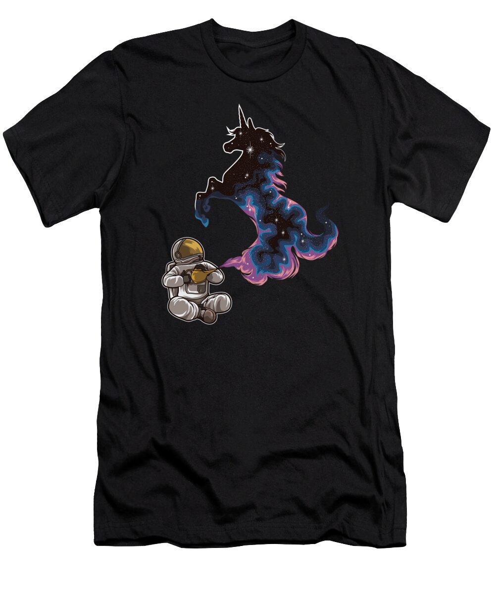 Spaceman T-Shirt featuring the digital art Astronaut Rubs a Wonder Lamp and a Unicorn Appears by Mister Tee