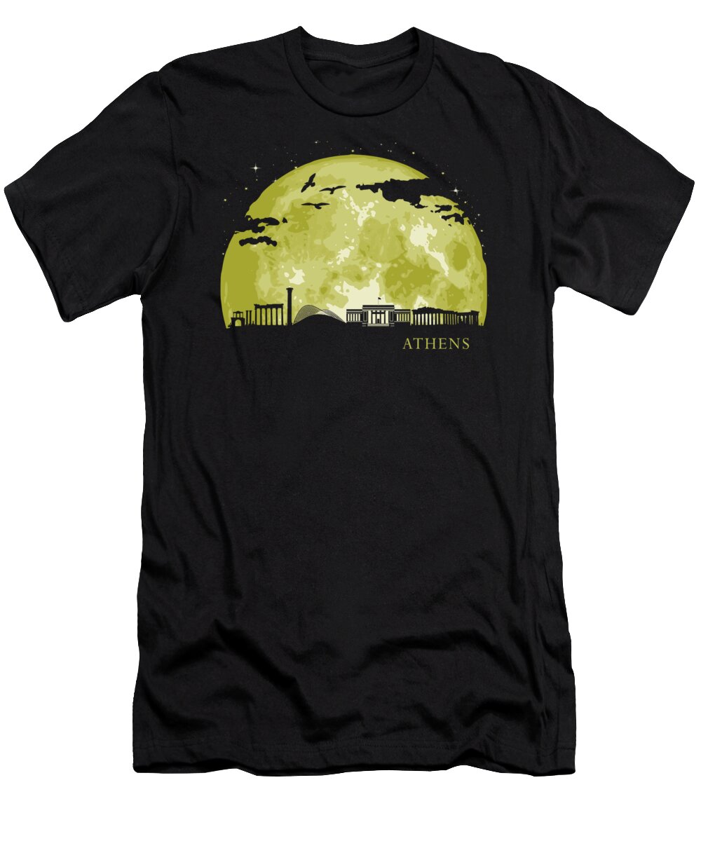 Greece T-Shirt featuring the digital art ATHENS Moon Light Night Stars Skyline by Filip Schpindel