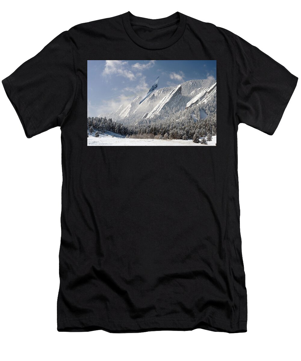 Northrop T-Shirt featuring the digital art B-2 Spirit Slicing Through the Mountains by Custom Aviation Art