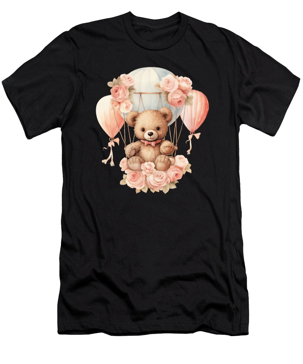 Gender Reveal Party T-Shirt featuring the digital art Baby Teddy Bear Pink Peony Flower Hot Air Balloon by Heidi Joyce