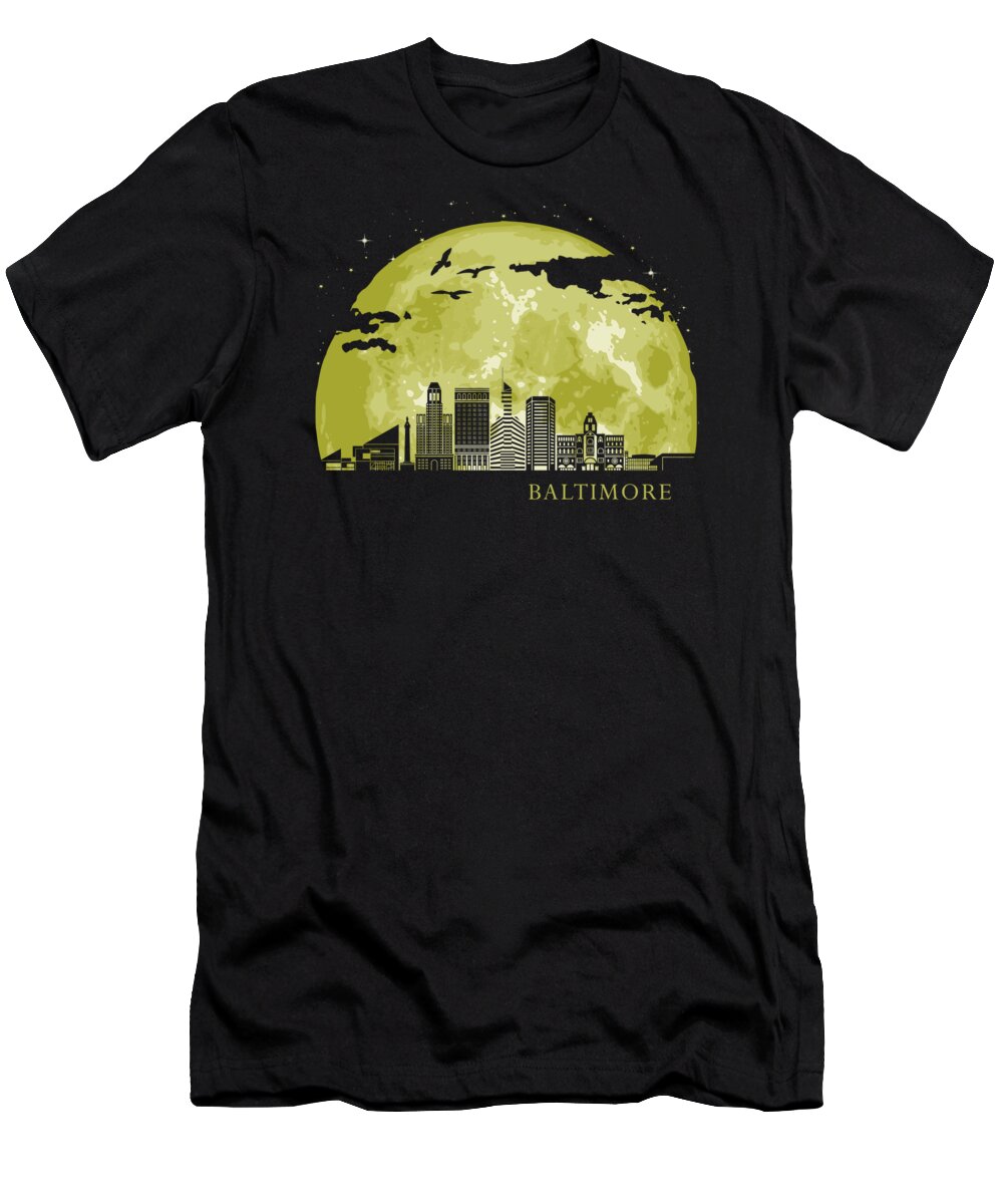 Maryland T-Shirt featuring the digital art BALTIMORE Moon Light Night Stars Skyline by Filip Schpindel