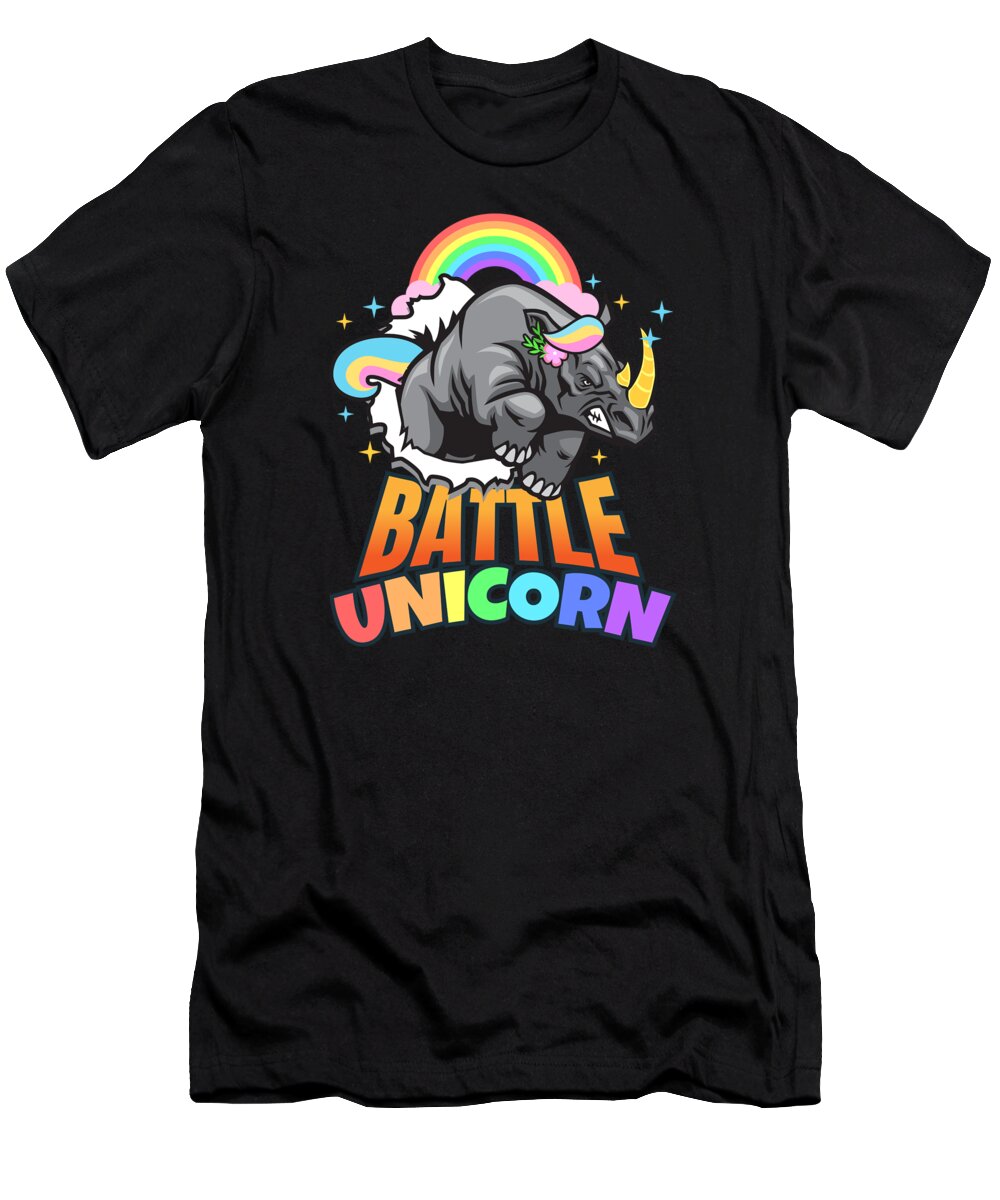 Rhino T-Shirt featuring the digital art Battle Unicorn Rhino Unicorn Rhino by Moon Tees
