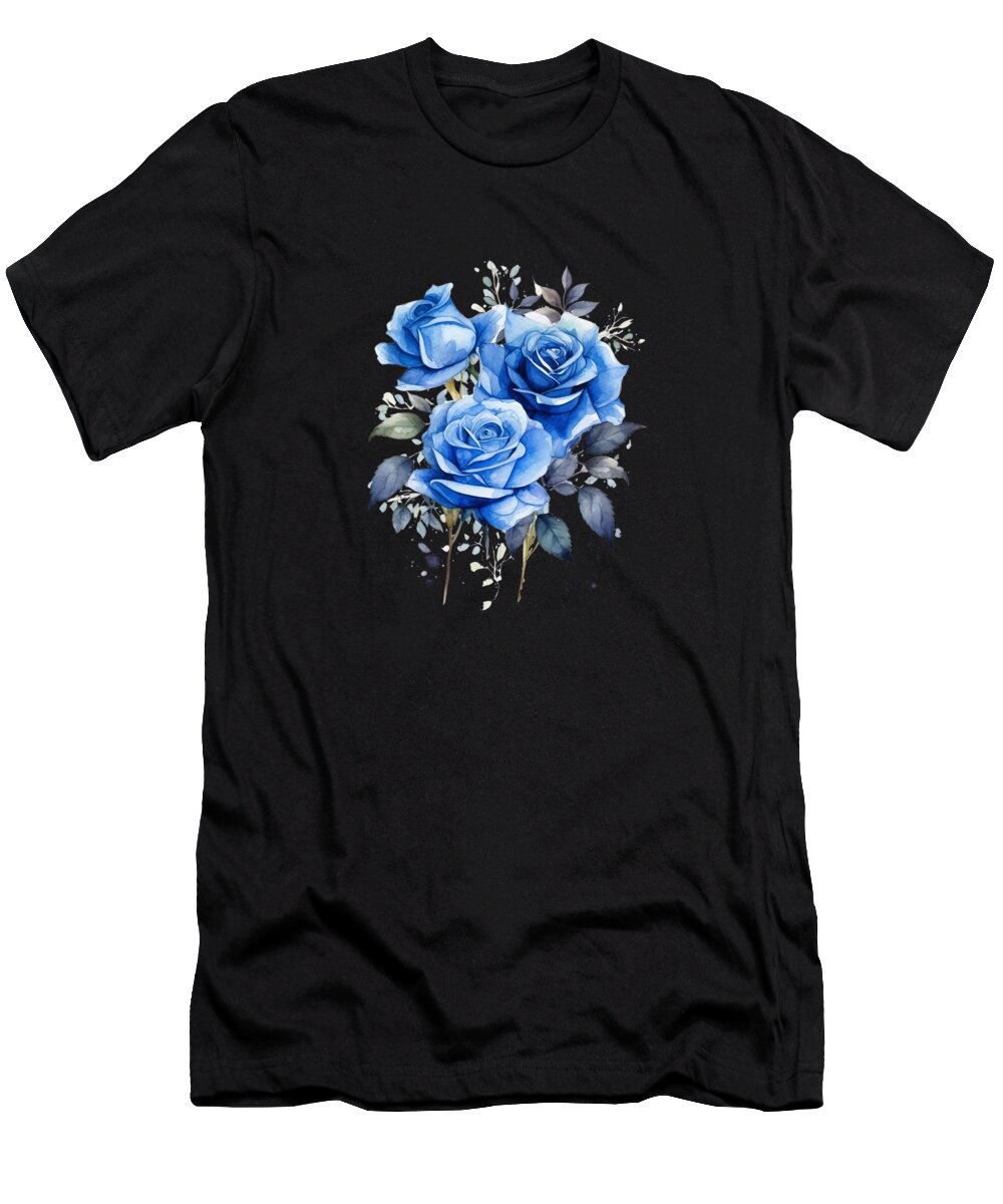Blue T-Shirt featuring the digital art Beautiful Blue Rose Floral Blue Flower by Heidi Joyce