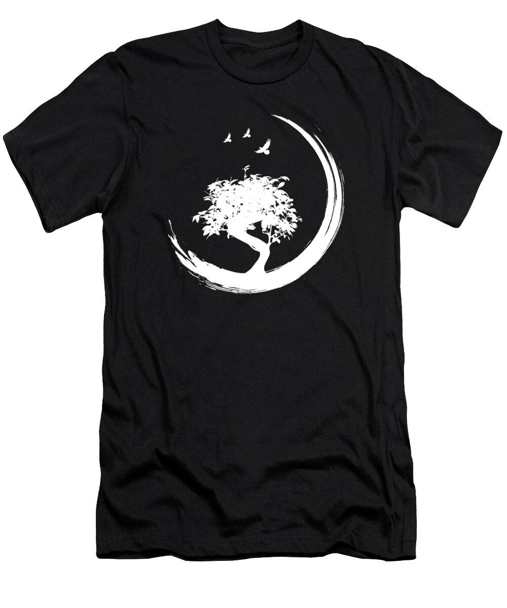 Moonlight T-Shirt featuring the drawing Beautiful Tree and Birds on Moonlit Night Nature Lover Gift by Kanig Designs