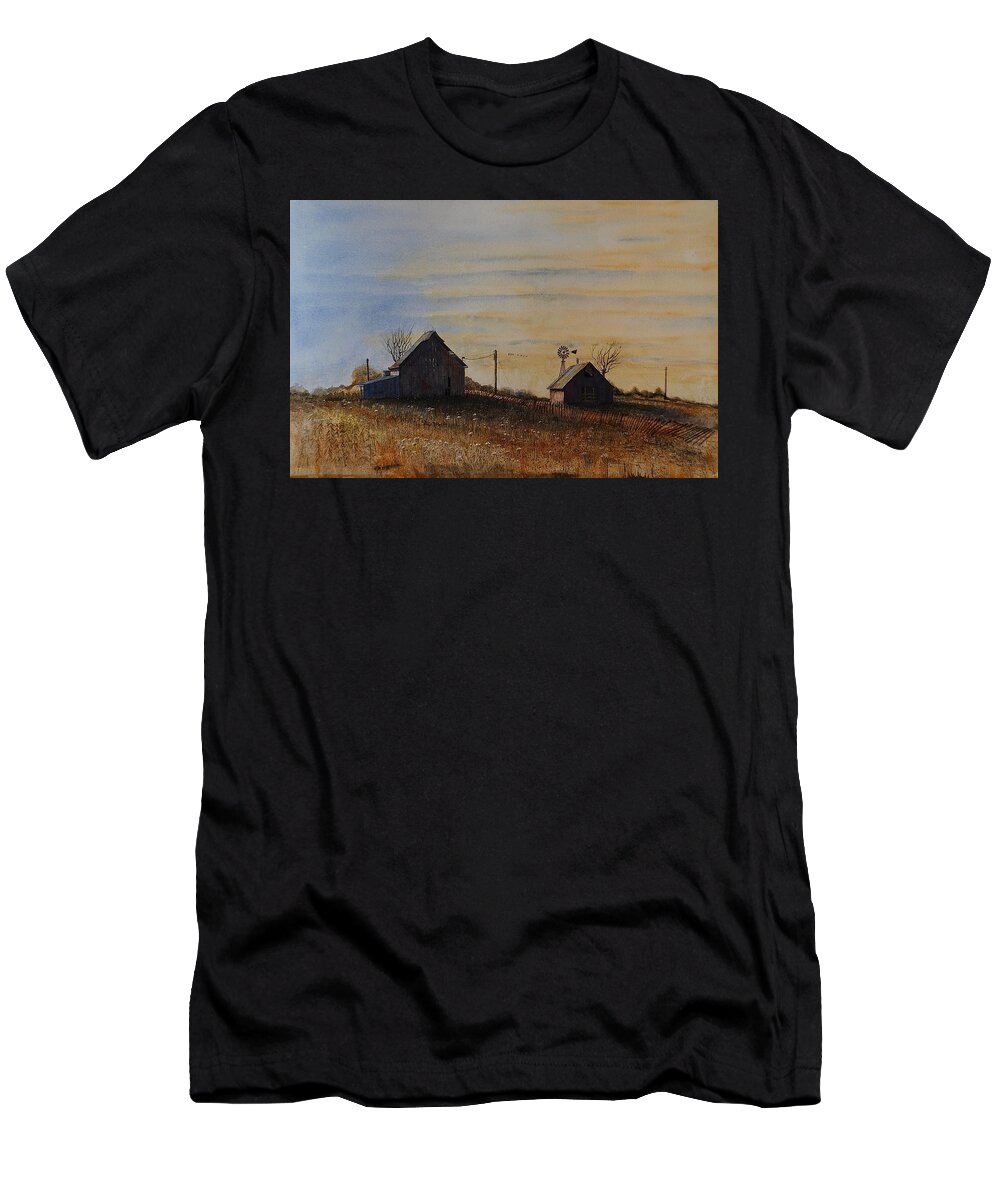 Barns T-Shirt featuring the painting Behind The Barns by John Glass