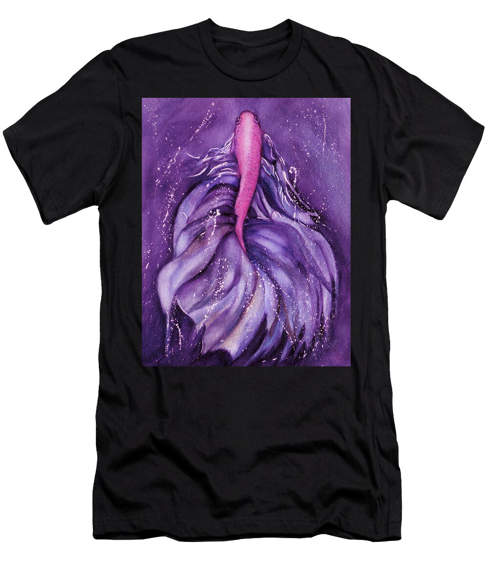 Fighting Fish T-Shirt featuring the mixed media Betta Fish Purple Swirl by Kelly Mills