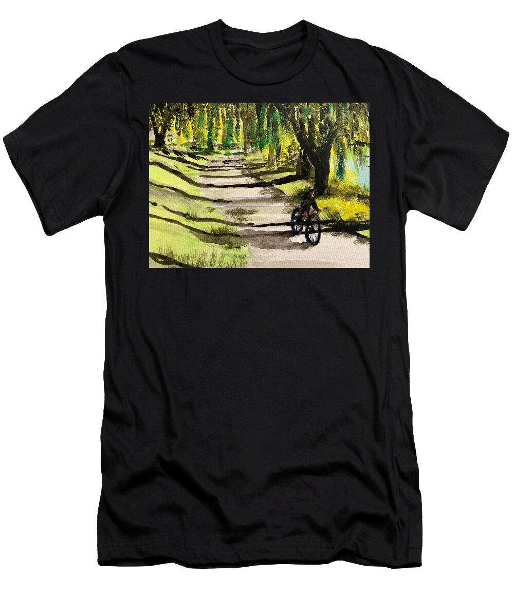 Bicycle T-Shirt featuring the painting Bicycle Trail by Larry Whitler