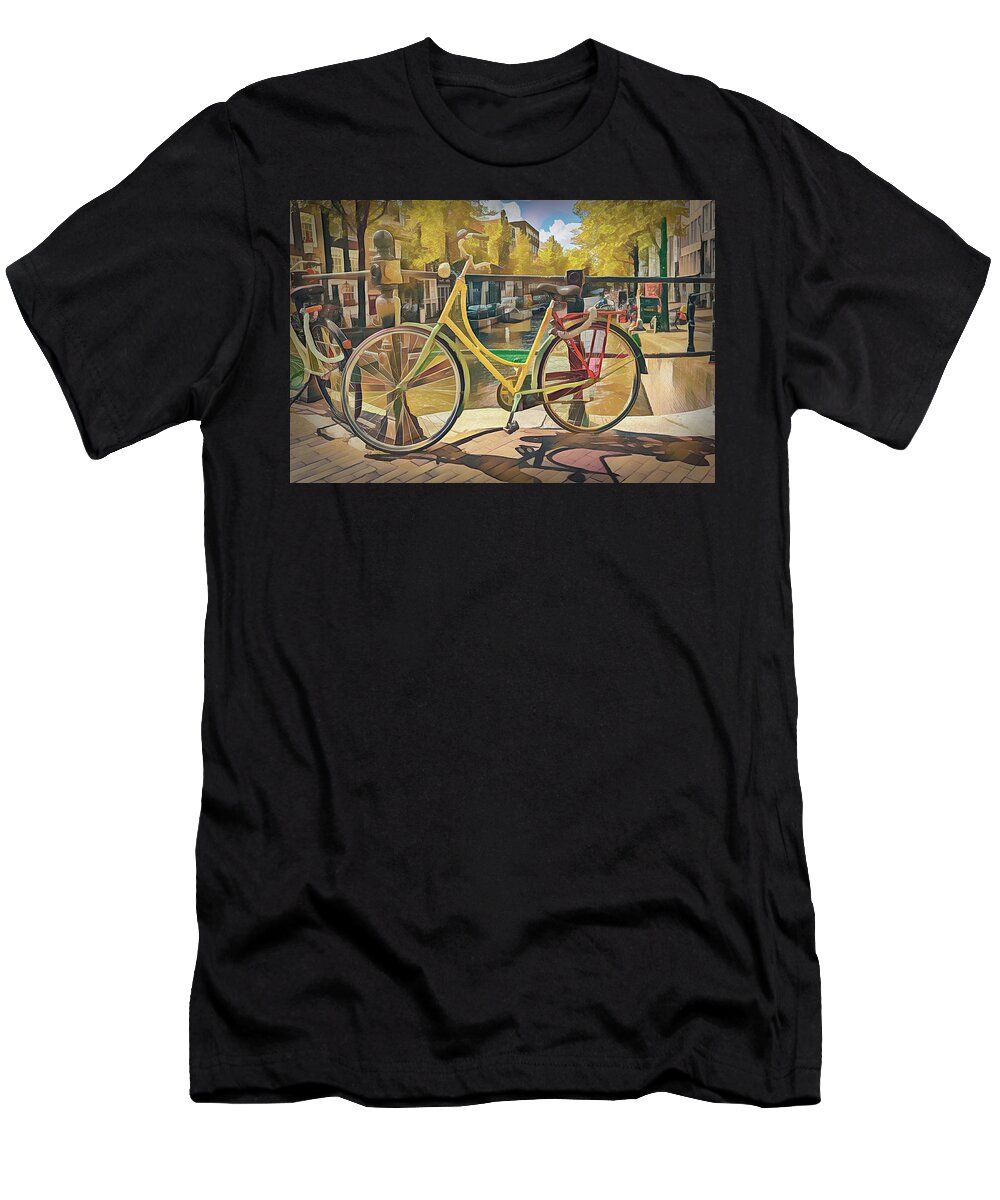 Boats T-Shirt featuring the photograph Bicycles on the Canals Abstract Painting by Debra and Dave Vanderlaan