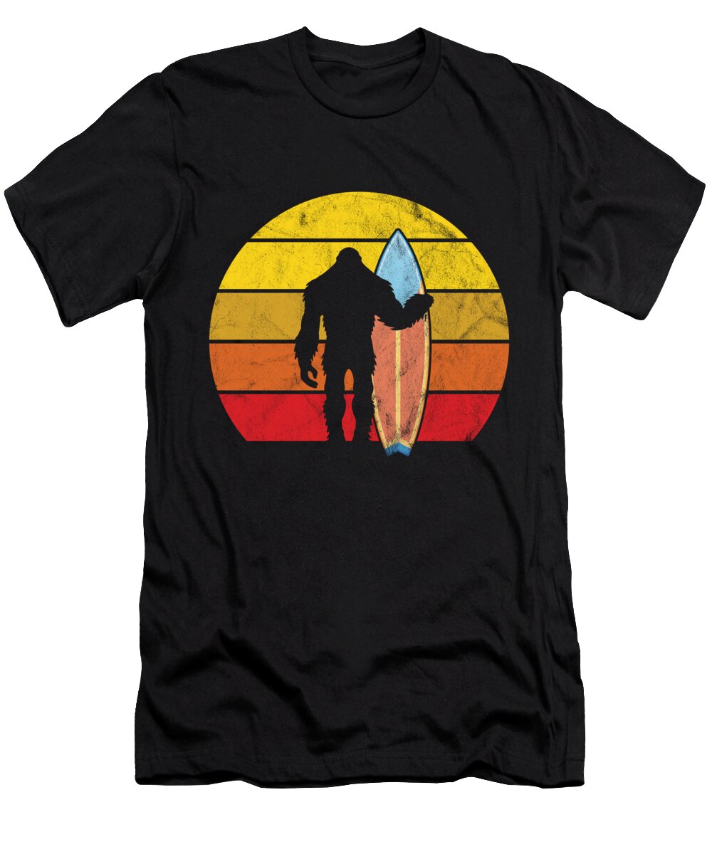 Bigfoot Surfing T-Shirt featuring the digital art Bigfoot Surfing Retro Sasquatch by Michael S