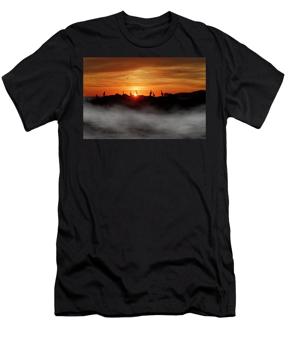 Rippled; Plain; Picture; Evening Sky; Black; Surise; Sunset; Golden; Yellow; Coast; Calming; Background; Relaxing; Ripples; Chill; Beautiful; Panorama; Scene; Sunset Background; Vivid; Vacation; Sun; Sky; Evening; Horizon; Quiet; Sea; Fog T-Shirt featuring the photograph Birds silhouette on the fog sunset by Severija Kirilovaite