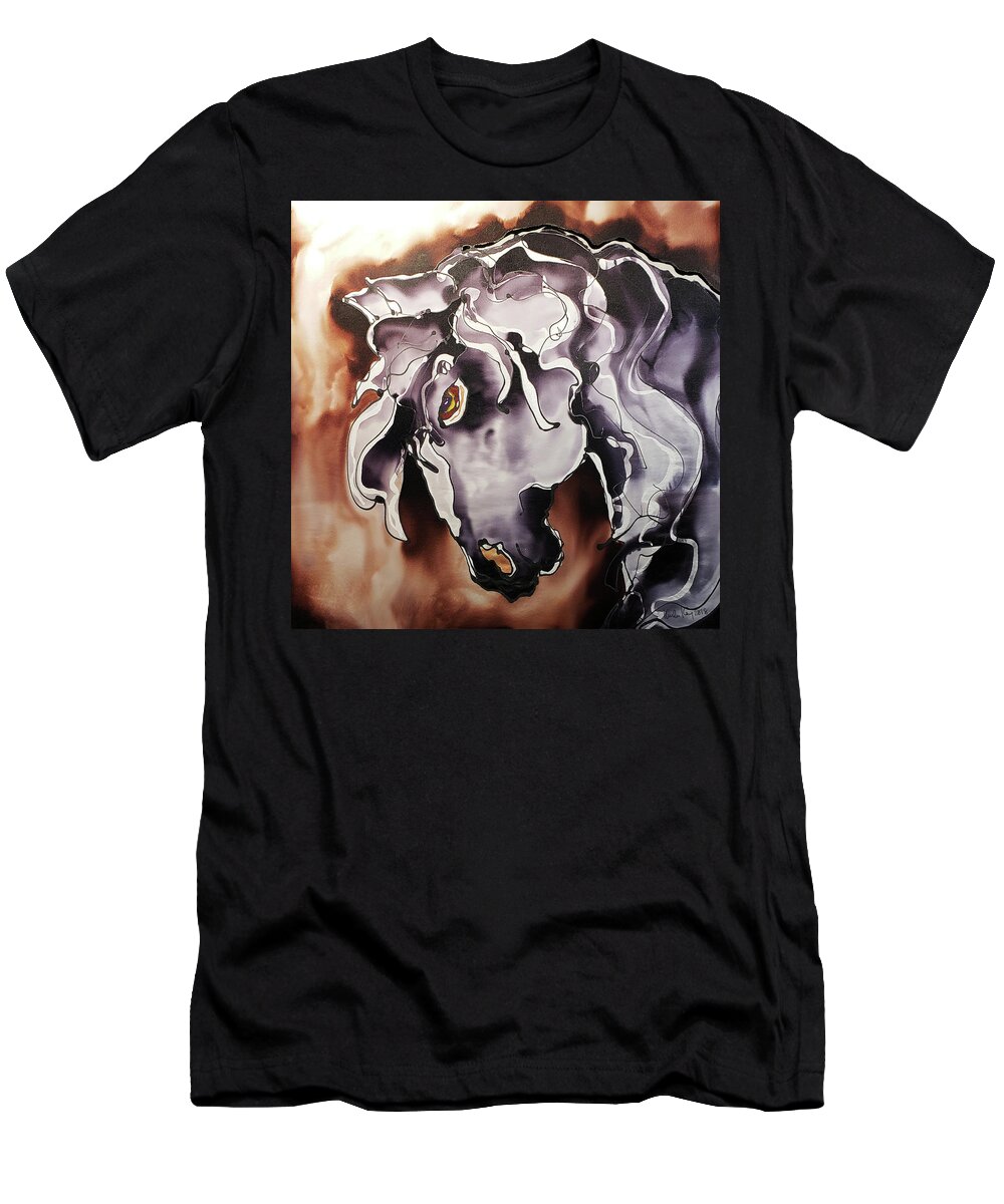Hand Painted Silk T-Shirt featuring the painting Black and white horse at dusk by Karla Kay Benjamin