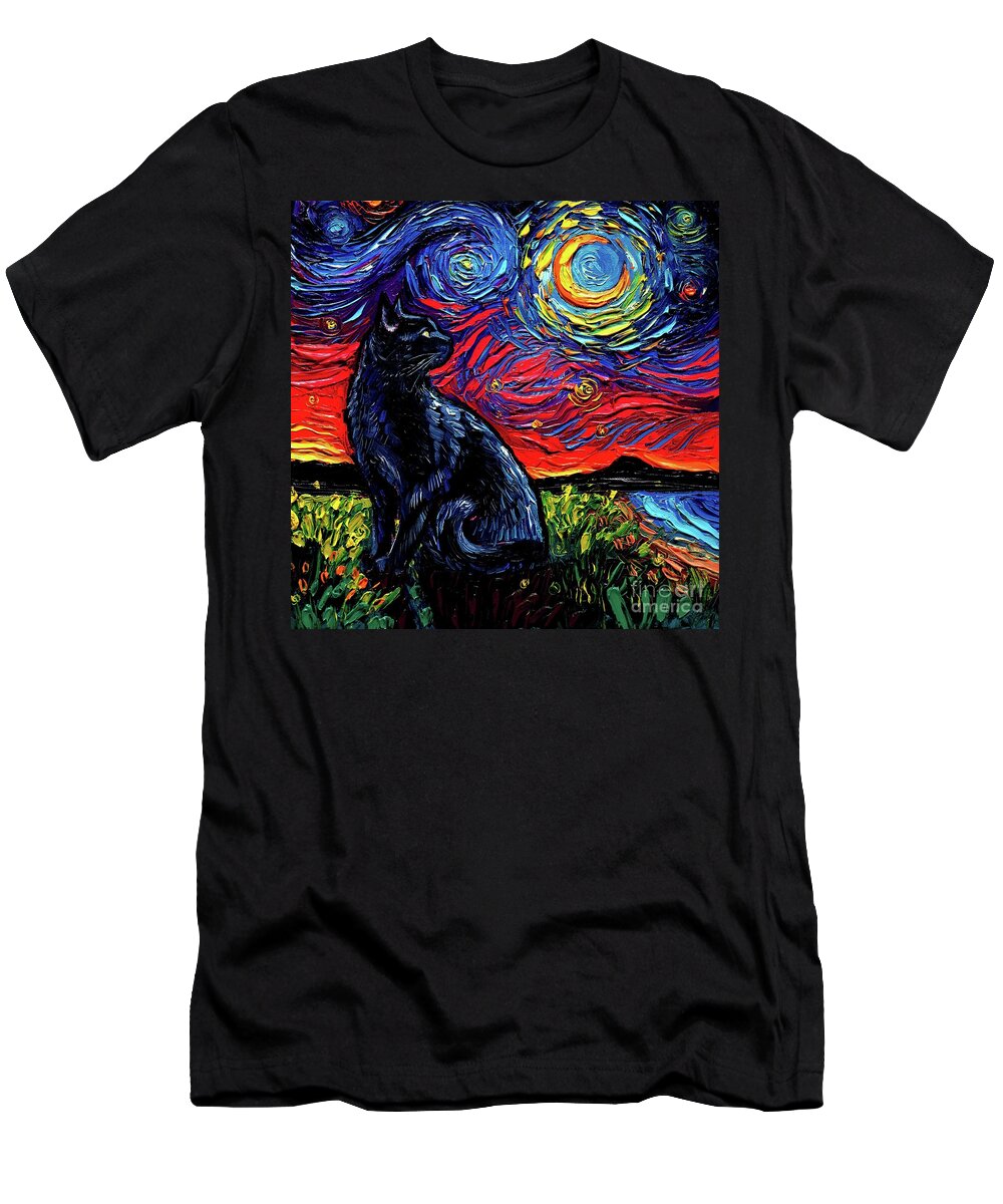 Black Cat Night 2 T-Shirt featuring the painting Black Cat Night 2 by Aja Trier